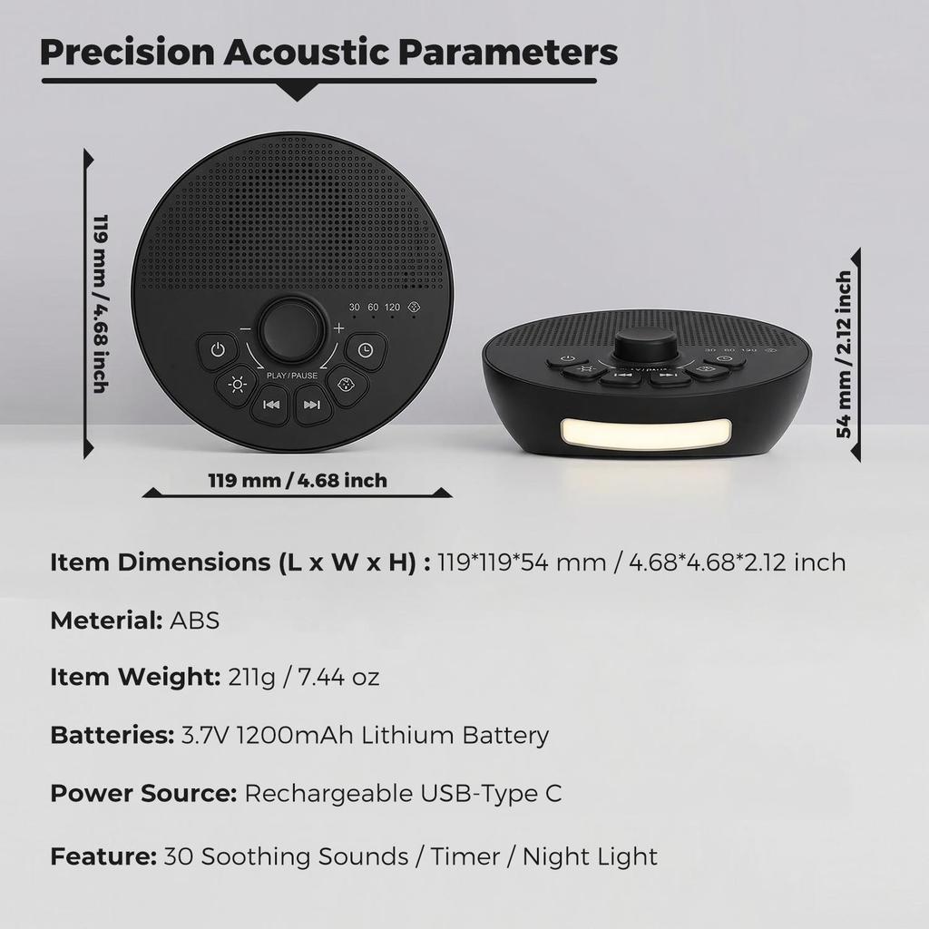White Noise Machine with Cry Sensor 30 Soothing Sounds Night Light for Babies Kids Adults Sleep Home Office Timer Rechargeable