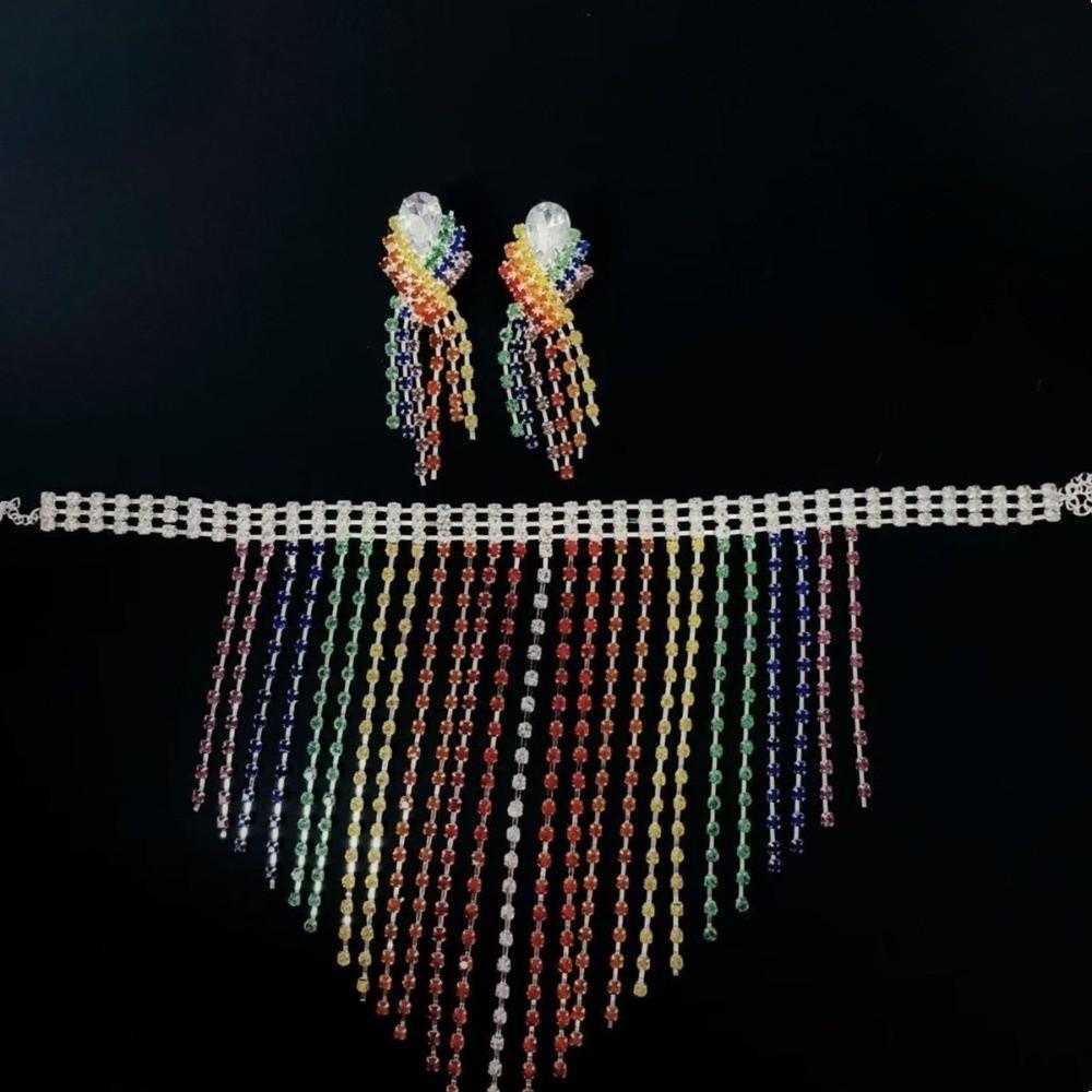 Vintage Rhinestone Crystal Necklace Shiny Ear Studs Luxury Rainbow Tassel Jewelry Set Girls