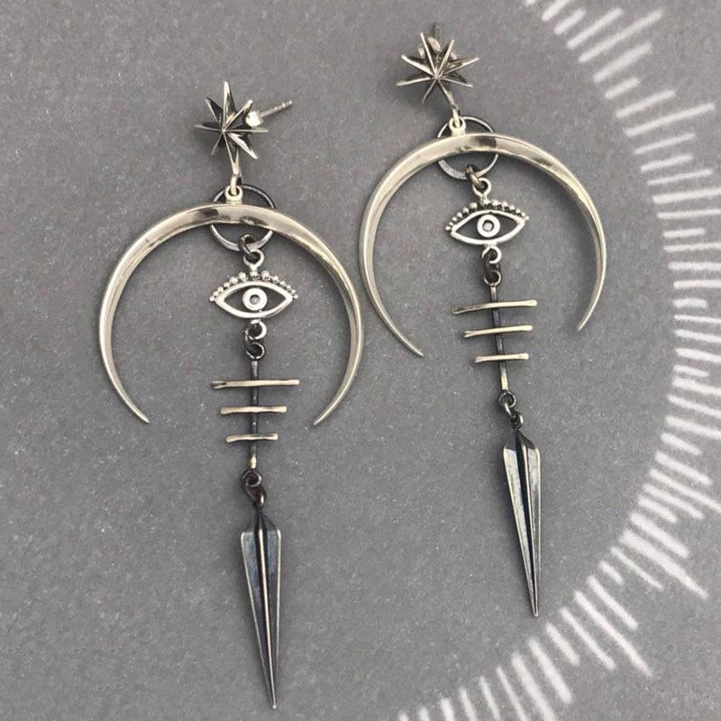 Gothic Devil's Eye Punk Earrings Halloween Accessories Ancient Silver Moon Metal Long Earrings