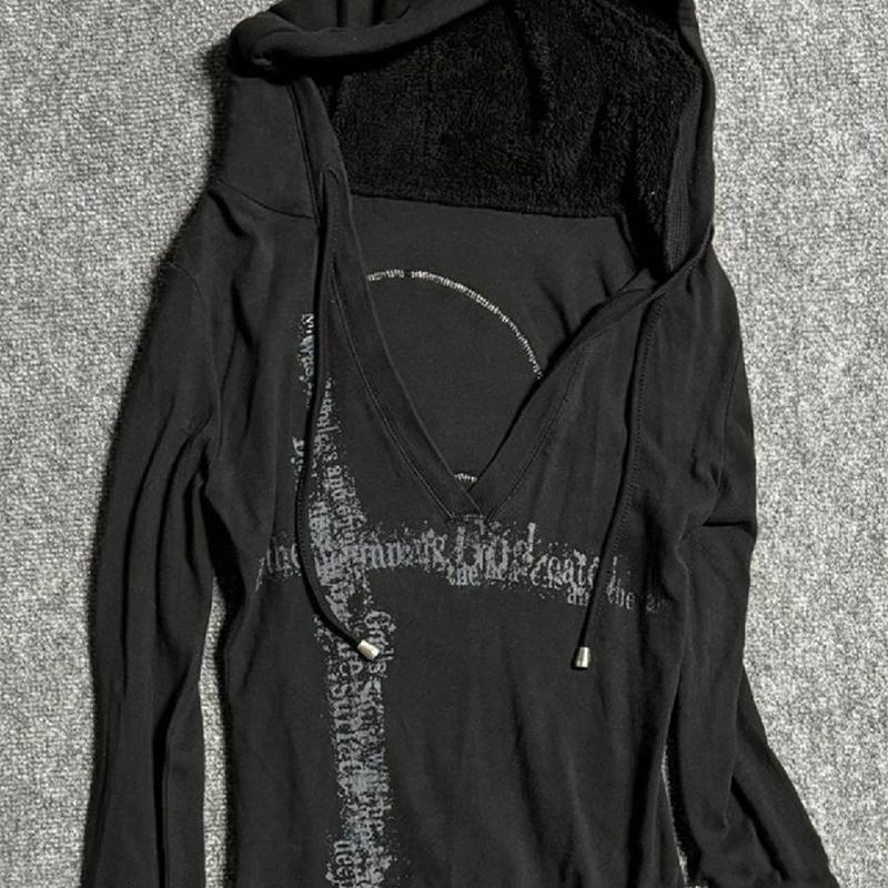 Худи Y2k черные винтажные с принтом женские с V-образным вырезом с длинным рукавом американская мода толстовка с капюшоном уличная одежда хип-хоп