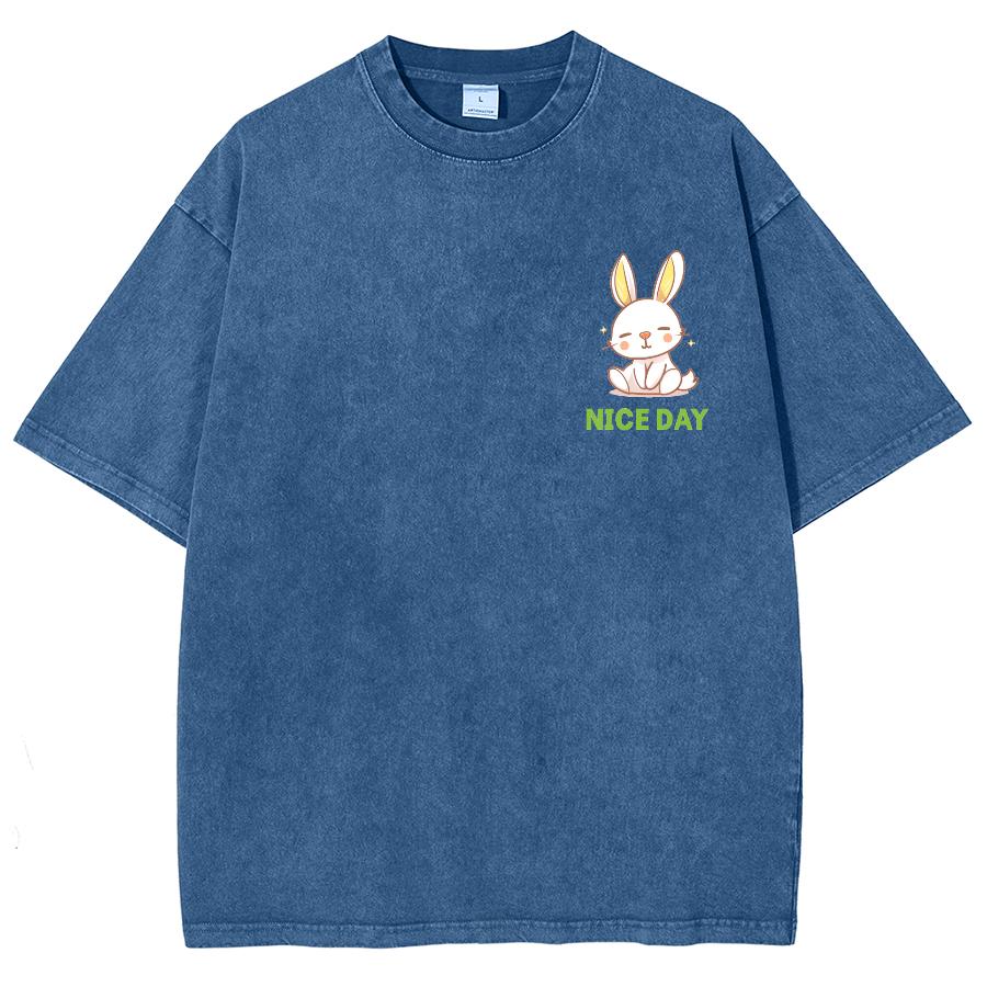 Cute Girly Cartoon Bunny Print Women's T-Shirt Loose Washed Cotton Multicolor Short Sleeve Casual Fashion