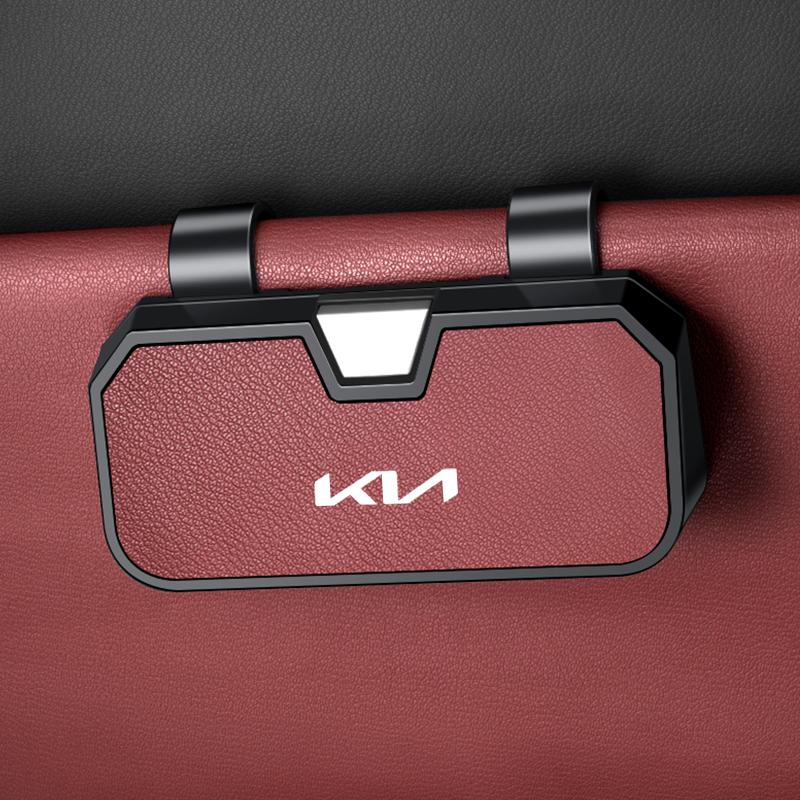 OUXU2 Car Emblem Visor Glasses Case Goatskin Sunglasses Holder Organizer Clip for Kia Sportage Sorento K5 K3 Seltos Rio Carnival Ceed
