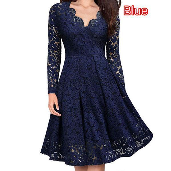 Женское кружевное платье, новое сплошное цветное платье с v-образным вырезом и длинным рукавом, большие качели, тонкая юбка-миди, женские осенние и зимние вечерние модные платья