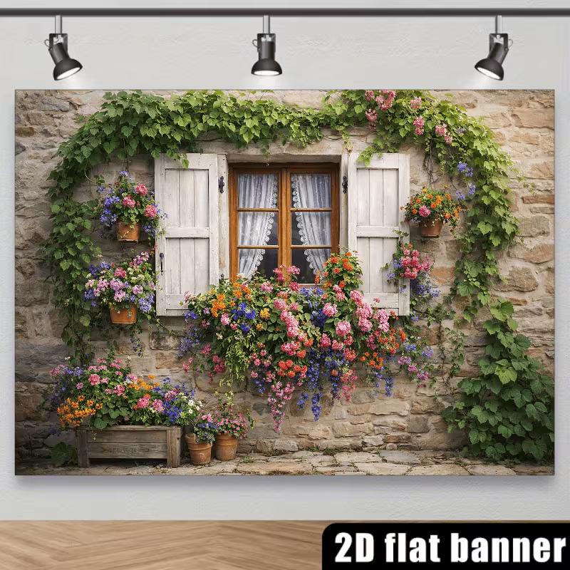 2D Vintage Stone House with Flower Boxes & Ivy Backdrop Photo Background