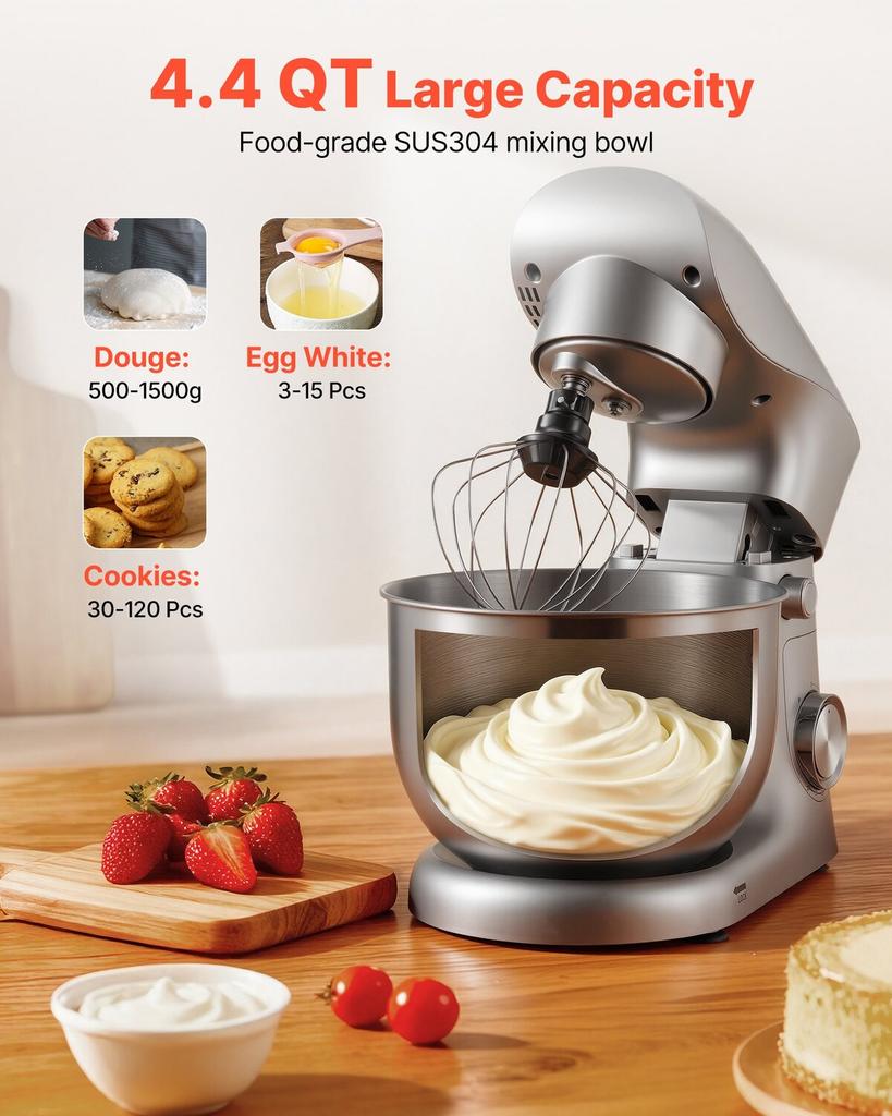Stand Mixer, 4.2 L Electric Kitchen Mixer, 1500W Dough-Mixer, 10 + Pulse Speeds Tilt-head Food-Mixer with Stainless Steel Bowl, Dough Hook, Whisk,