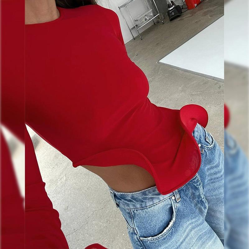 Street Irregular Ruffled Flare Sleeve Casual T-shirt for Women Fashion Elegant O Neck Slim Fit T-Shirt Women Solid Simple Y2K Female Tee Tops 26190