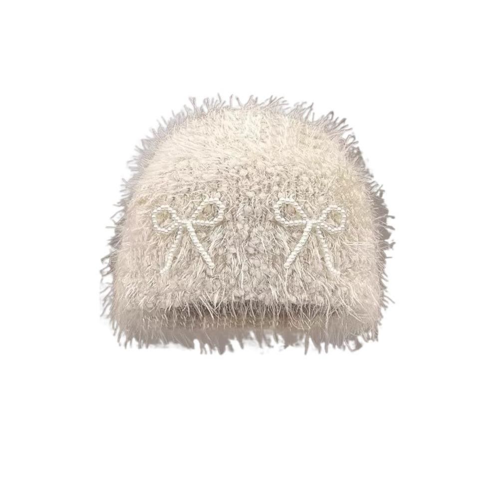 Korean Style Pearls Bow Woolen Hat Colorful Brimless Beanie Cap Knitted Pullover Hat  Women
