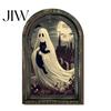 Rustic Wood Halloween Sign Arched Wooden Wall Decor, Ghost Cat Hanging Ornament, Distressed Gothic Desktop Ornament Tabletop Decor Plaque, Spooky