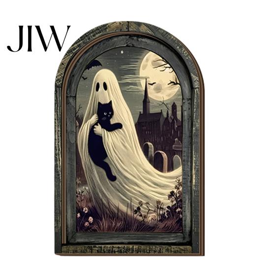 Rustic Wood Halloween Sign Arched Wooden Wall Decor, Ghost Cat Hanging Ornament, Distressed Gothic Desktop Ornament Tabletop Decor Plaque, Spooky
