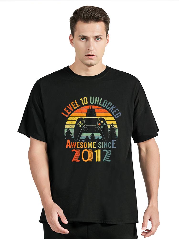 Level 10 Unlocked Video Gamer 10 Years Old 10 Birthday T-Shirt Cotton Tshirt Men's Clothing Ove