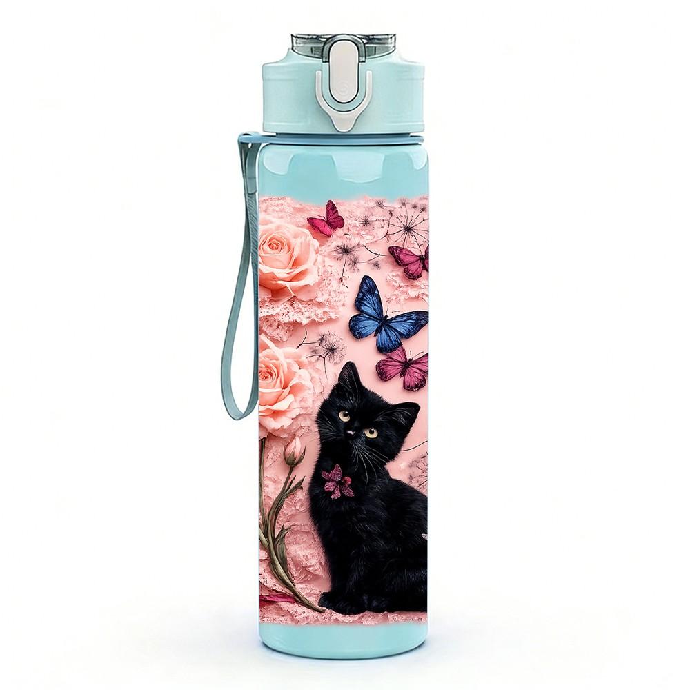 1PC Black Cat Rose Pink Floral Frame Print 750ml Color Plastic Sports Water Bottle Leakproof Flip Straw Lid Suitable for Sports Office Home Use