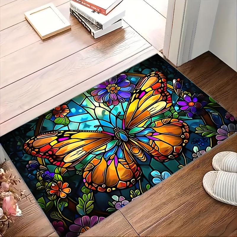 Boho Butterfly Entrance Rug Vintage Stained Glass Pattern Non Slip Washable Indoor Front Porch Floor Carpet