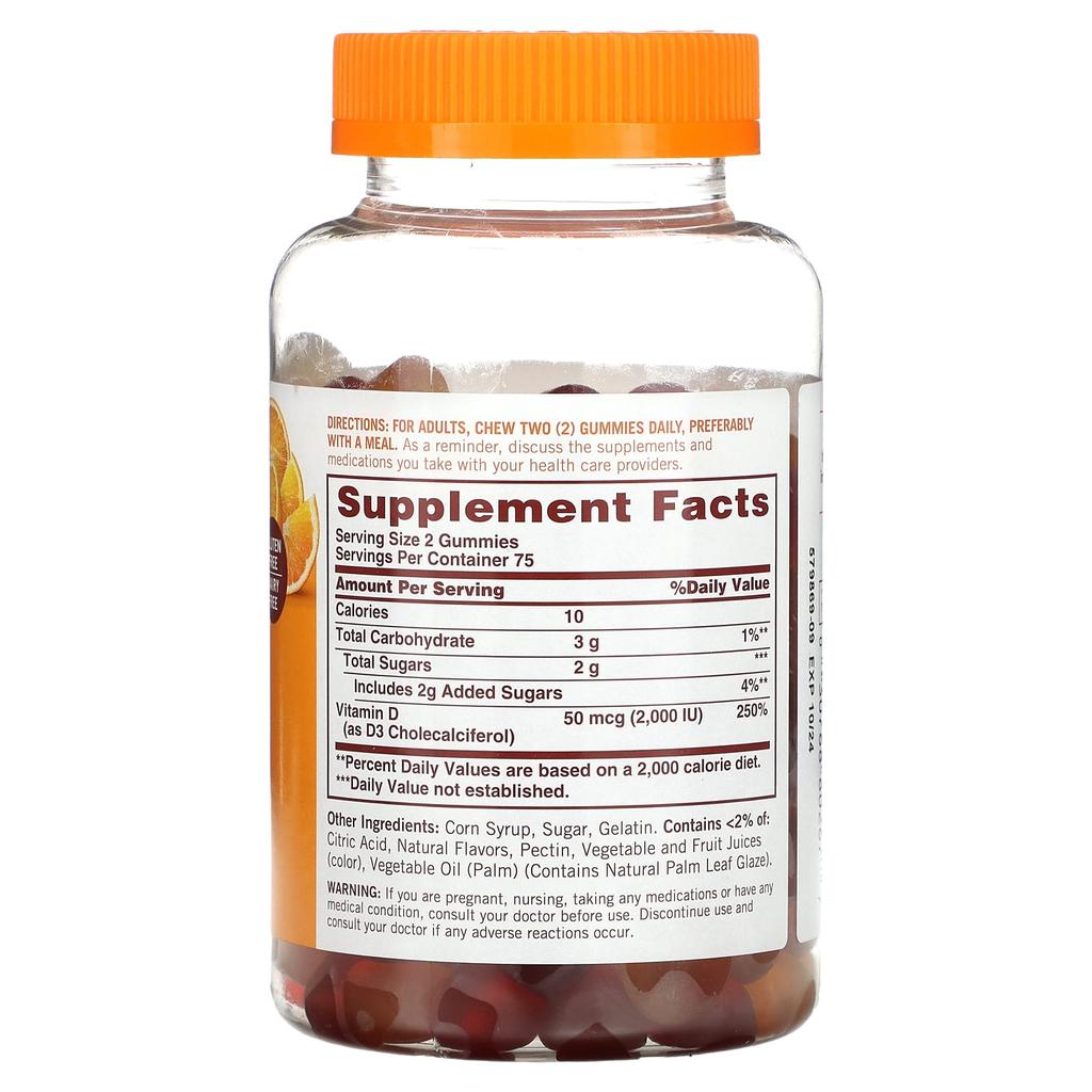 Sundown Naturals, Витамин D3, жевательные пастилки, клубника, апельсин и лимон, 2000 МЕ, 150 жевательных пастилок (25 мкг (1000МЕ) за жевательную резинку)