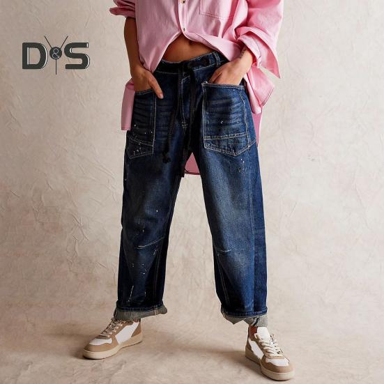 Women's Wide Leg Barrel Jeans Low Rise Drawstring Denim Ankle Pants Elastic Waist Stretchy Baggy Boyfriend Trouser