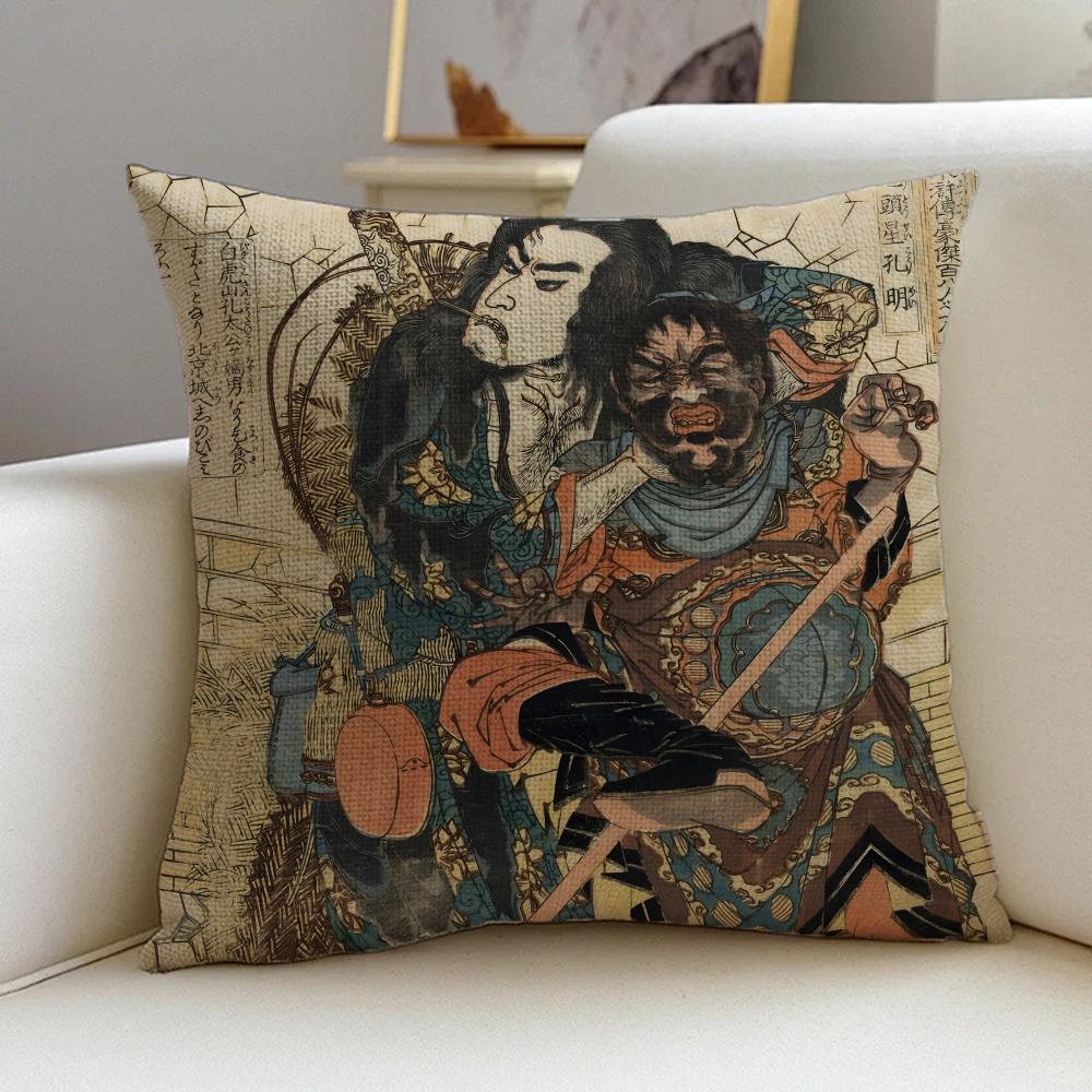 P-Japanese Tattoo Style Cushion Cover Natural Linen Pillowcase Set, All-In-One Decor For Sofa, Bedroom & Chair