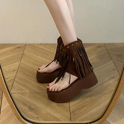 Модные женские сандалии в стиле ретро с кисточками, летние туфли на плоской подошве в стиле бохо, пляжные туфли на шнуровке, толстая подошва, модная женская обувь 2024 года