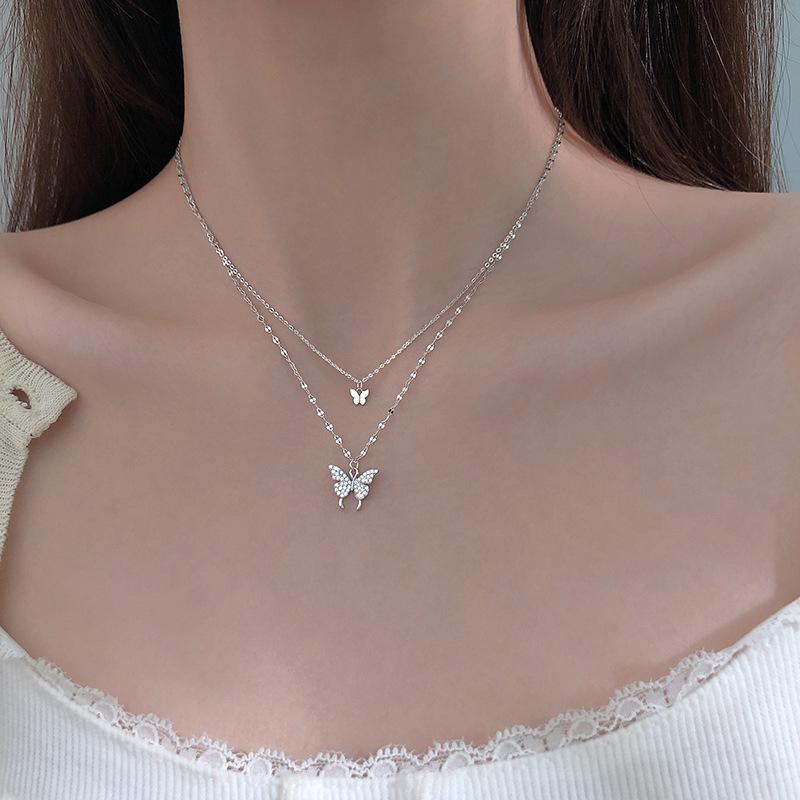 Fashion Silver Shiny Flash Butterfly Double Layer O Chain Necklaces Wedding Party Jewelry for Women