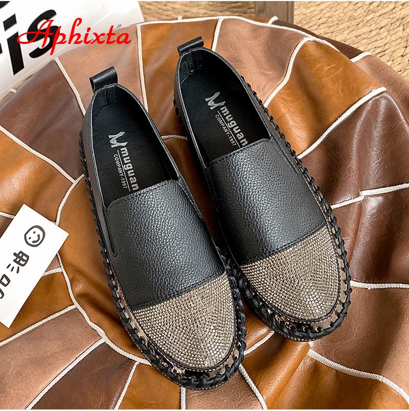 Fashion Aphixta 2025 New Crystals Luxury Leather Flats Shoes Women Hand Stitching Slip-on Flat Platform Footwear Plus Big Size 42 43