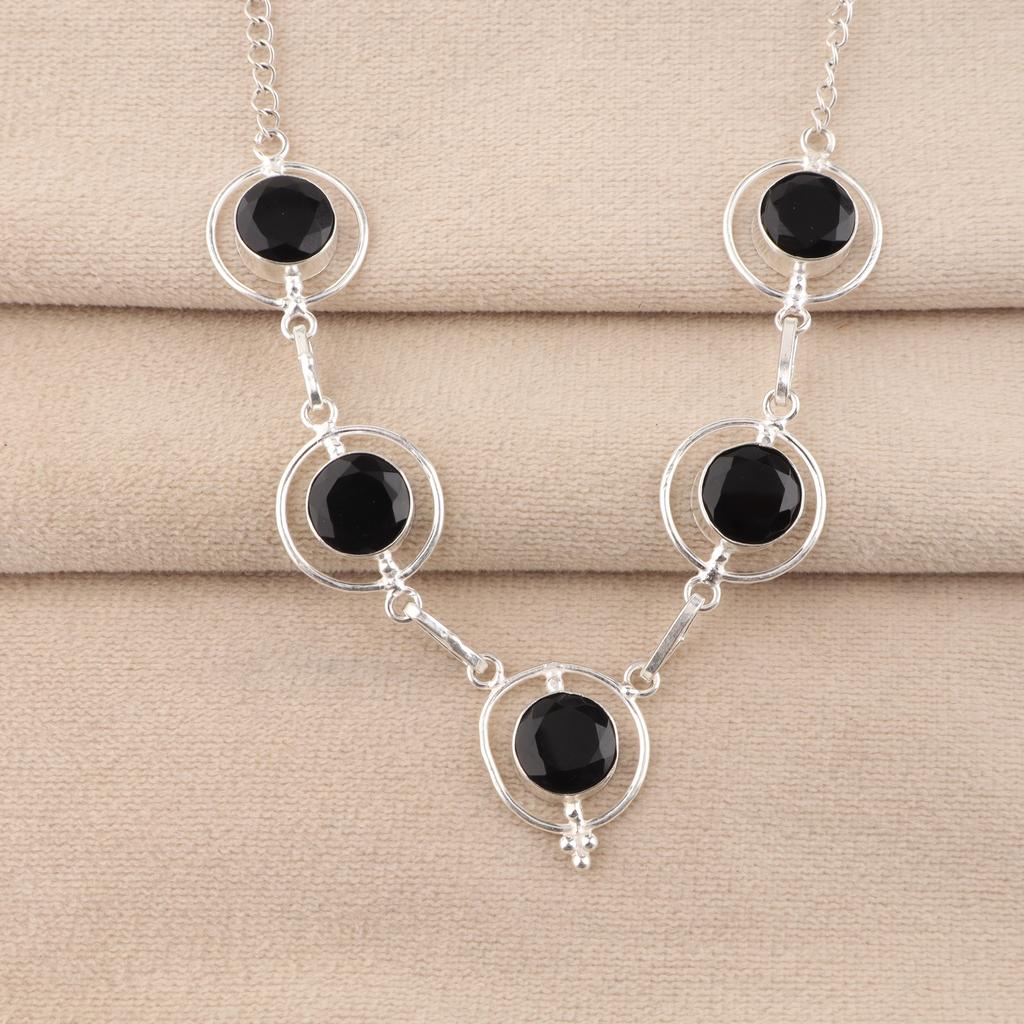 Black Onyx Gemstone Silver Necklace, 925 Sterling Silver Handmade Silver Necklace, Women Wedding Necklace, RN-2-19