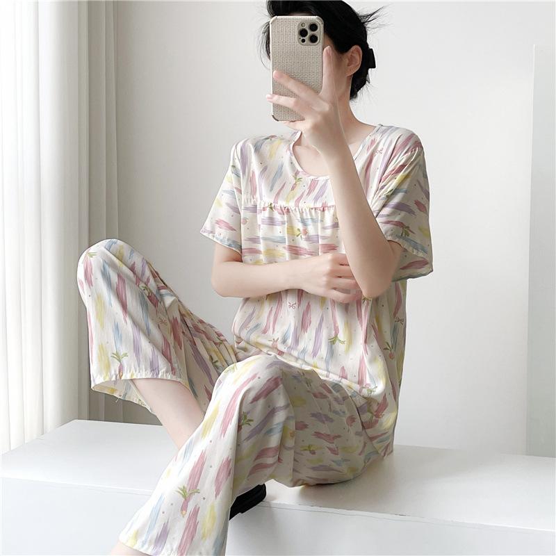 Artificial cotton pajamas women's spring and summer anti-bump cotton and silk loungewear suit summer cute plaid large size pajamas outside wear
