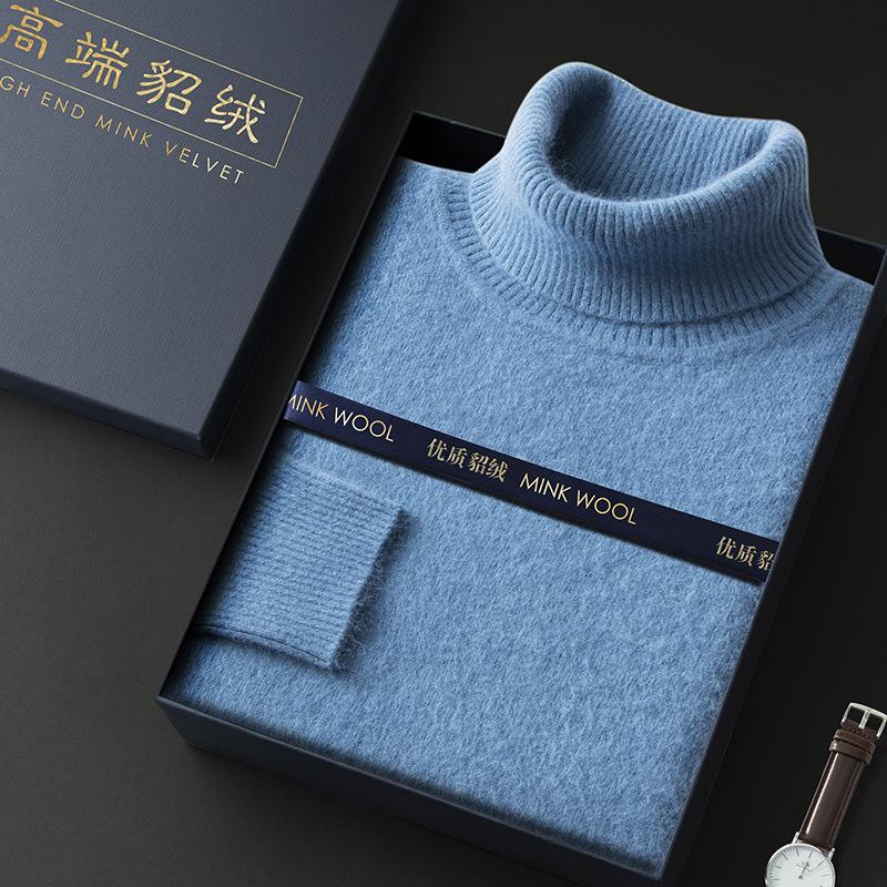 Men's High-Neck Mink Cashmere Sweater - Solid Color, Warm, Thick, Lapel, Base Layer.