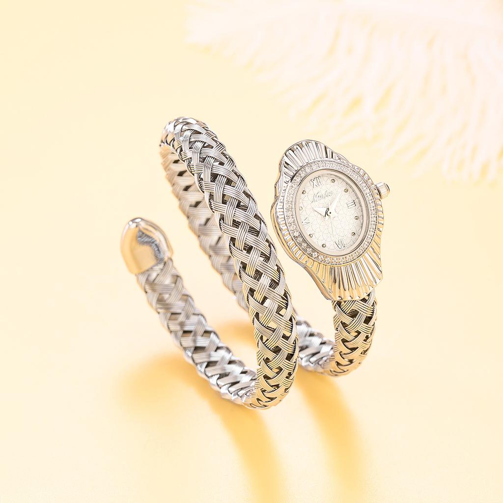 MISSFOX Luxury Women Diamond Quartz Watches Fashion Ladies Stainless Steel Snake Shaped Wristwatch Women's Clock Relógio Feminino