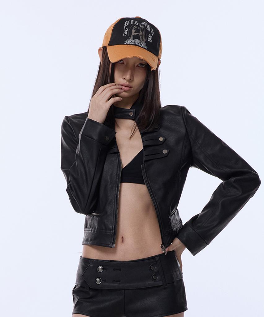 GILAARCHIVE Choker Napoleon Crop Leather Jacket_Black