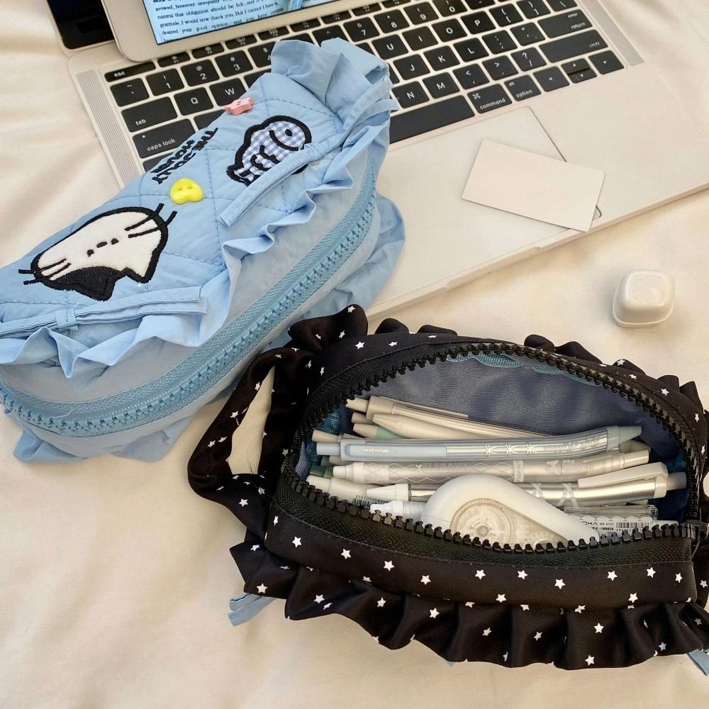 Large Capacity Cartoon Pencil Case Cat Bee Rabbit Cosmetics Storage Korean Pencil Bag Portable Cloth Ruffled