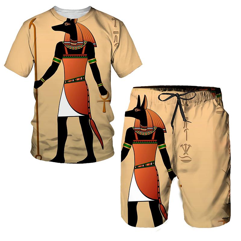 Летний мужской комплект футболок, модные шорты с коротким рукавом, комплект из 2 предметов, спортивный костюм большого размера, повседневный красивый уличный костюм в египетском стиле
