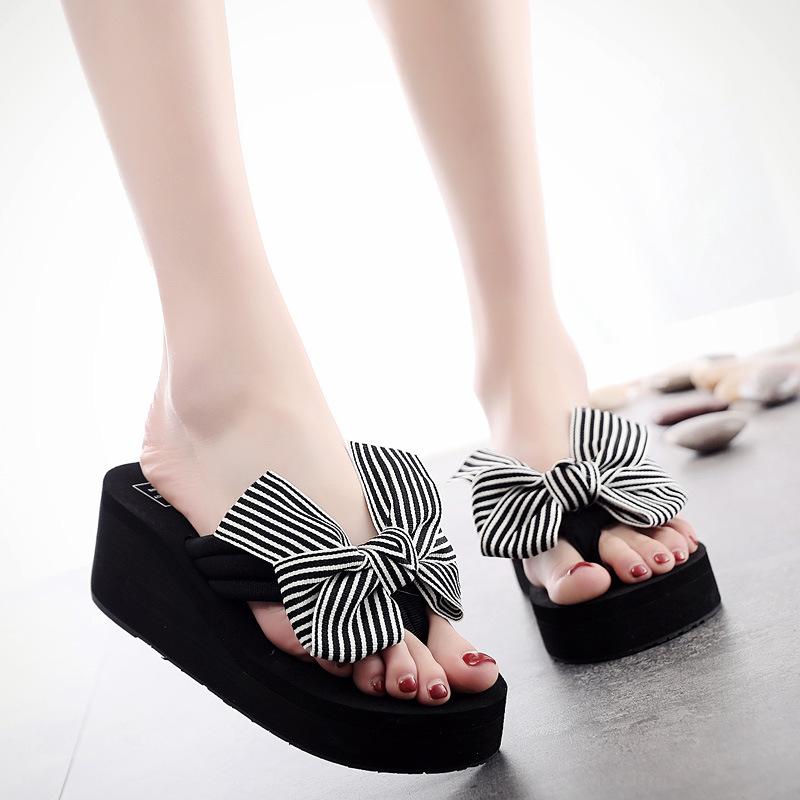 Summer Slippers 6cm High Heels Beach Flip-flops Cute Fashion Bow Over Flip-flops