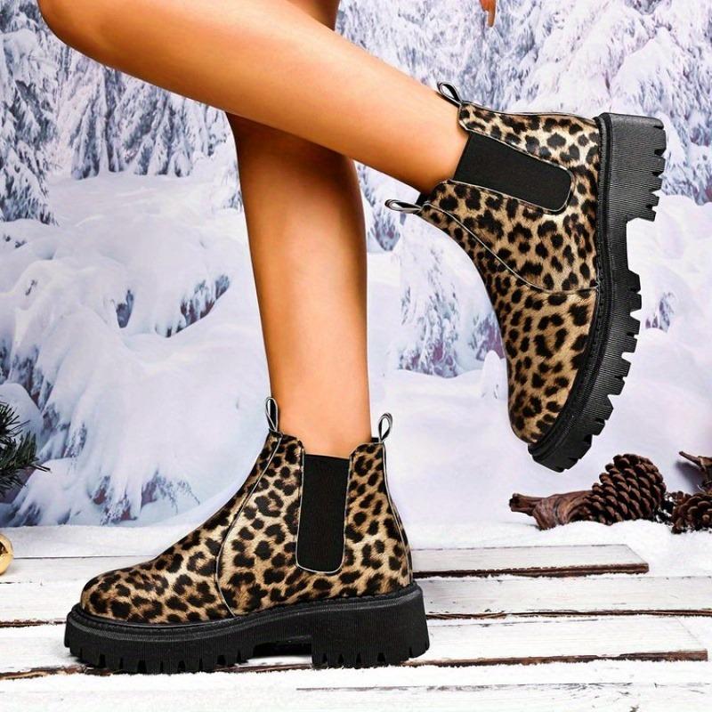 Women's Leopard Print Slip-On Boots - Pull-On Closure, Synthetic Cover Upper with Non-Slip Rubber Sole, All-Season Casual & Formal Footwear