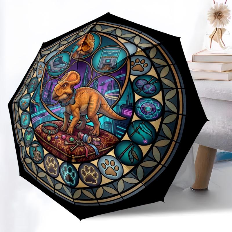 Glass Dinosaur Fantasy pattern umbrella, portable and foldable design, 8 ribs, a casual accessory for Halloween, Christmas, and birthday gifts.