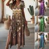 Summer Women Dress Retro Ethnic Style V Neck Short Sleeves Loose A-line Colorful Print Soft Beach Vacation Maxi Dress Ankle Length Side Split