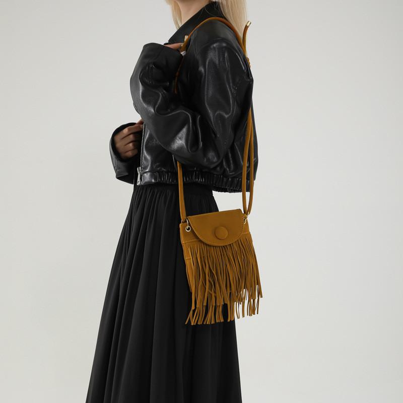 Vintage Style Suede Crossbody Bag For Women With Trendy Fringe Design In Black Brown And Tan