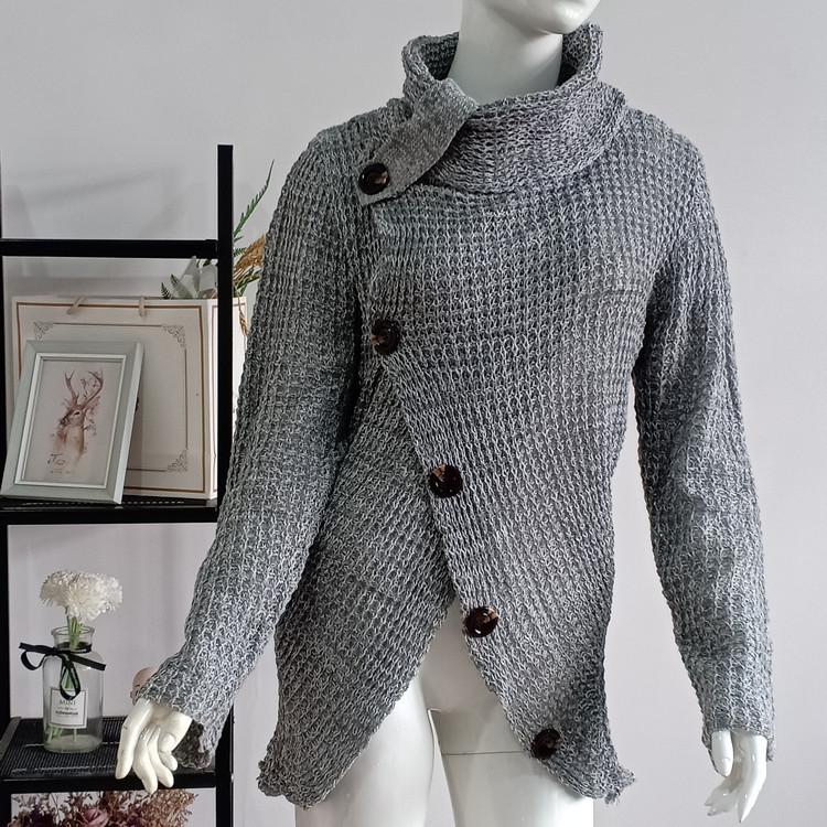 Осенне-зимняя мода, новый свитер с высоким воротником и длинным рукавом, нерегулярные пять косых пуговиц, трикотаж
