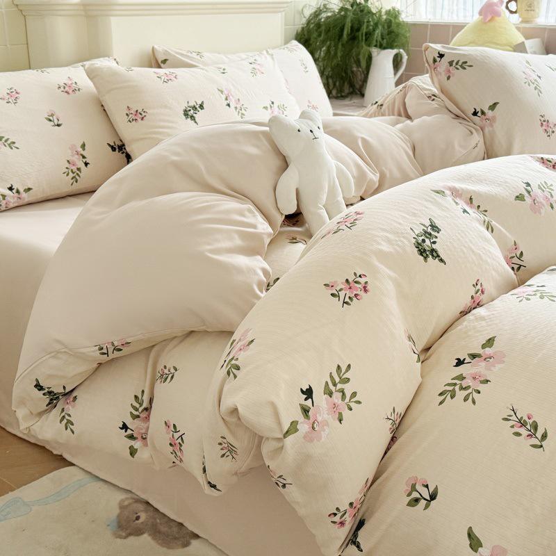 Комплект постельного белья из четырех предметов на лето из двухслойной марли класса А с цветочным принтом и пузырчатого хлопка