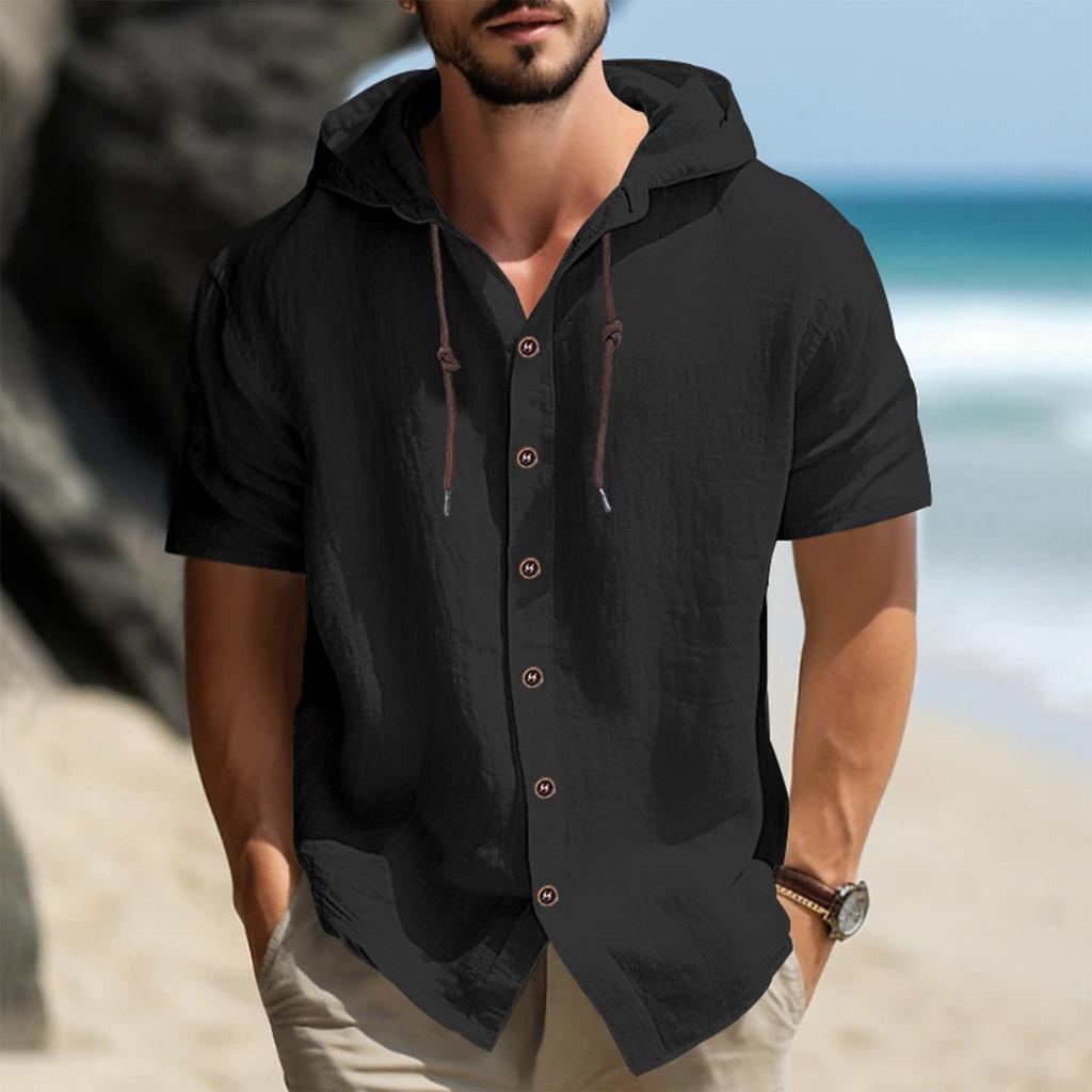 Men's Solid Color Casual Short Sleeved Shirt With Hood And Drawstring Cotton And Linen Cardigan