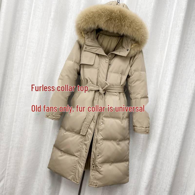 Women's 2024 Trendy Lightweight Over-Knee Down Jacket with Waist Tie - White Duck Down Winter Coat