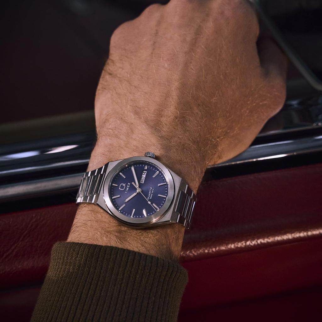 TIMEX Q Timex TW2Y25100 Unisex Quartz 5 ATM Water Mineral Blue Stainless Steel Watch, Movement, Resistance, Glass, Dial, [Used]