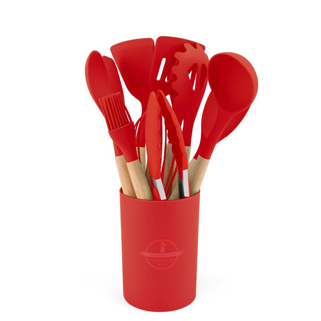 Набор из 12 кухонных принадлежностей из силикона с деревянными ручками - антипригарные, термостойкие лопатки и ложки для супа