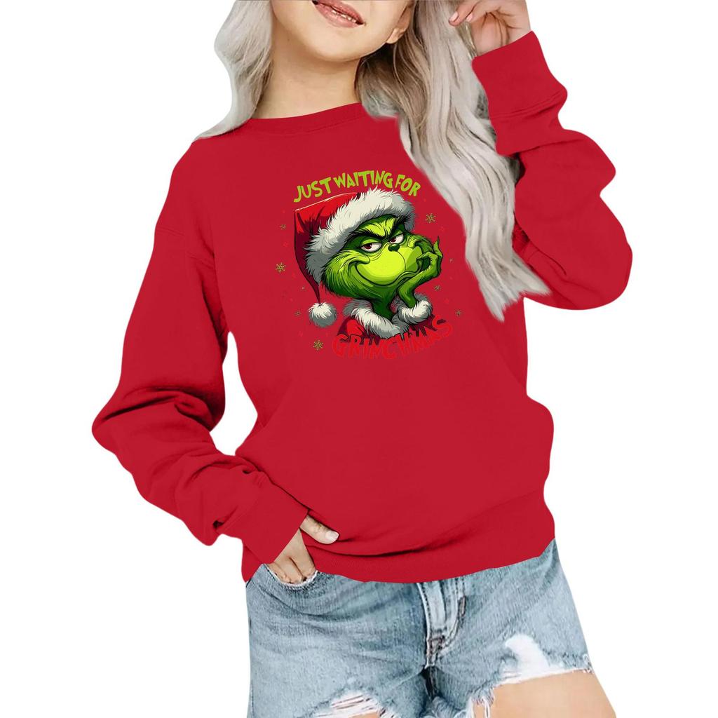 Kids' Fashion Loose-Fit Casual Long-Sleeve Christmas Print Oversized Crewneck Sweatshirt