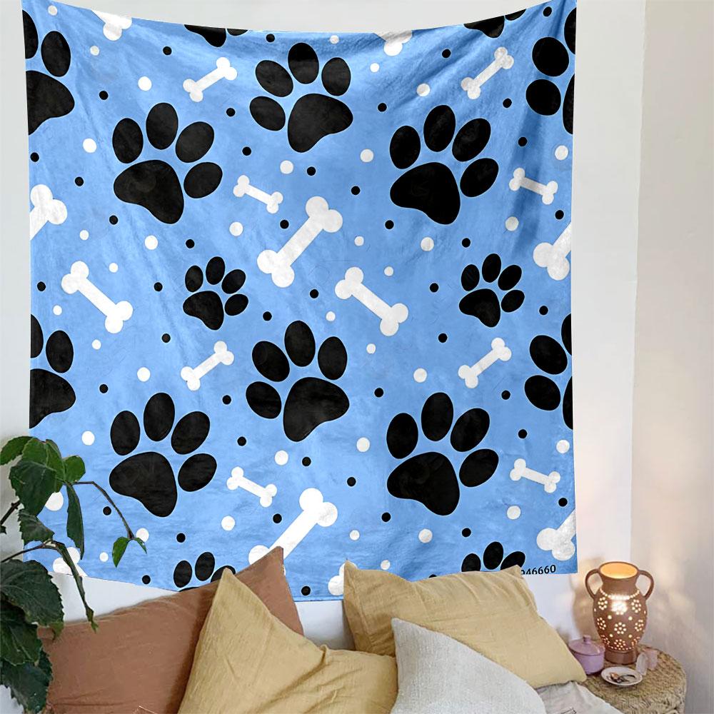 Blue Background with Paws and Bones Patterned Tapestry Decorative Wall Hanging, Home Bedroom Living Room Decor