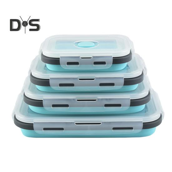 4Pcs Collapsible Food Storage Container With Lids Flat Stackable Refrigerator Food Box Set Silicone Food Sealed Crisper Lunch Bento Box For