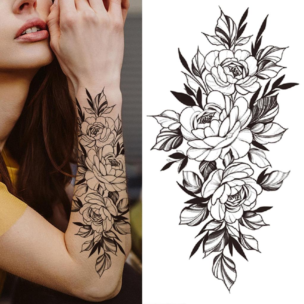 Сексуальная Временная Татуировка Цветы Для Женщин Девушек Взрослых Пион Черная Роза Татуировки Наклейка Поддельная Птица Душистый Горошек Листья Татуировки Боди-арт Рука
