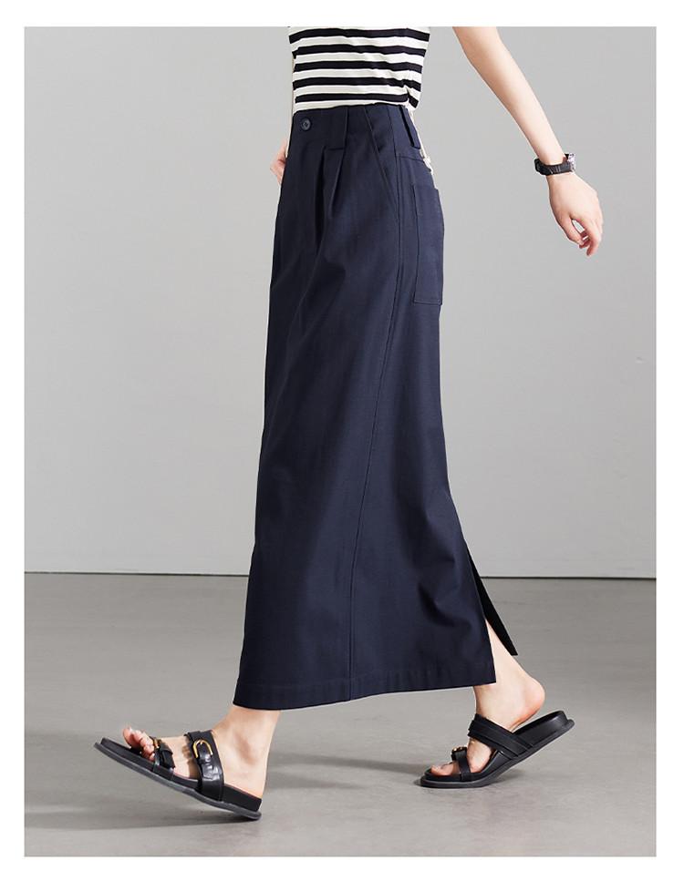 Double pleated high waisted split skirt 2026 summer thin commuting casual versatile mid length straight tube skirt