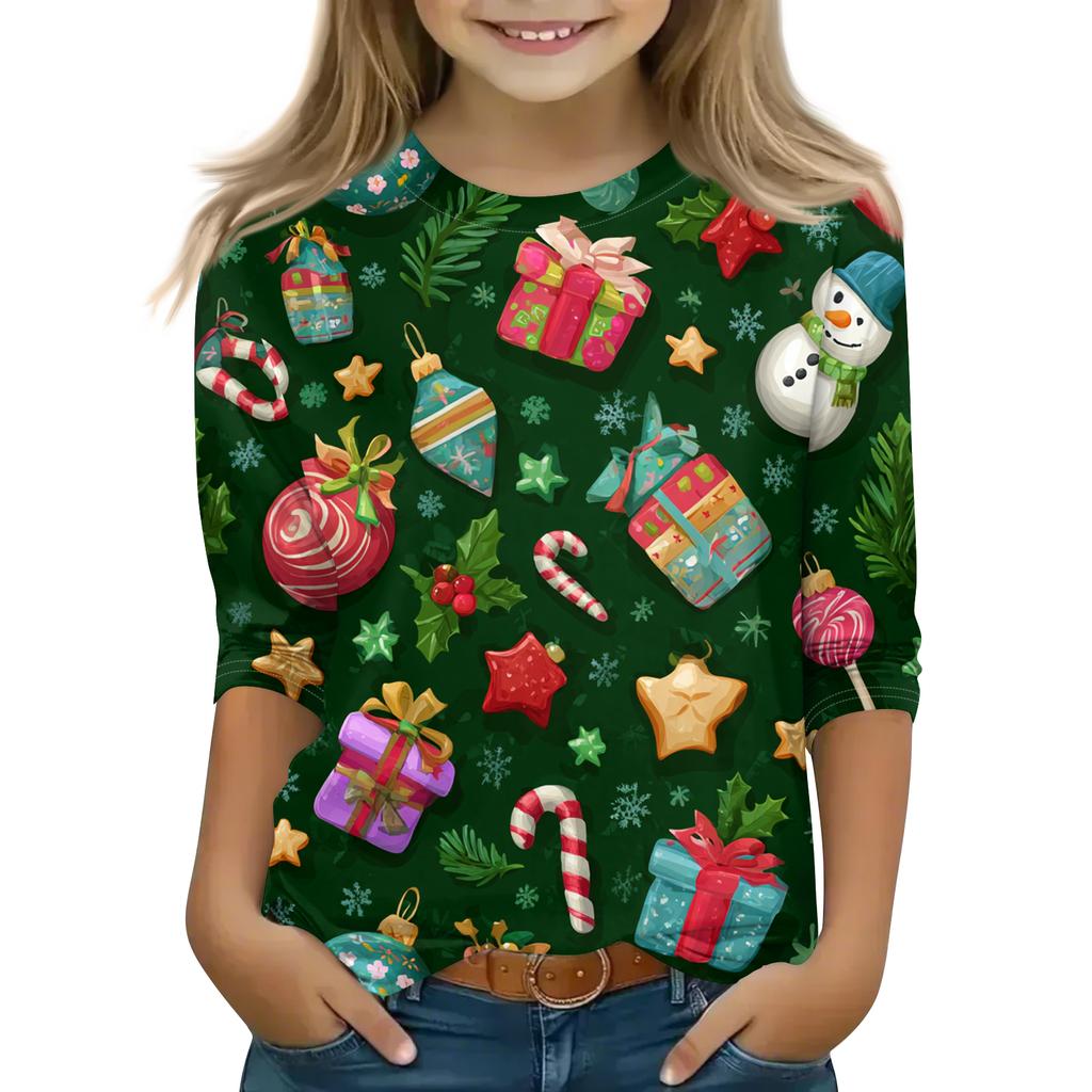 Children's 3/4 Sleeve Round Neck Top Christmas Tree Printed Everyday Casual Top