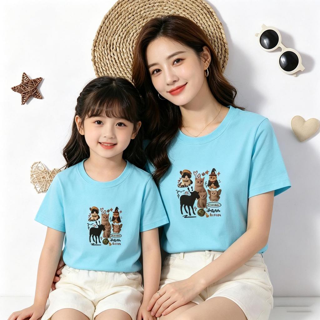 Летняя хлопковая футболка с коротким рукавом - Сотрудничество с Little Cat & Sheep, Комплект для мамы и дочери, Топ с коротким рукавом