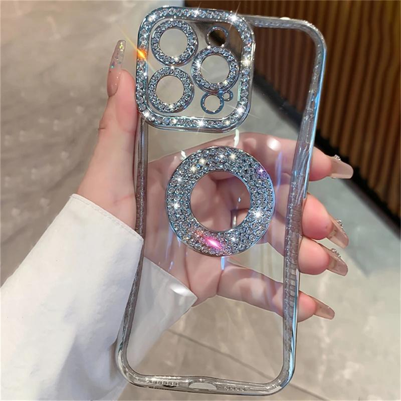 Luxury Plating Frame Bling Diamond Lens Protective Soft Case For iPhone 15 Pro Max 14 Pro Max 13 12 11 Clear Shockproof Cover