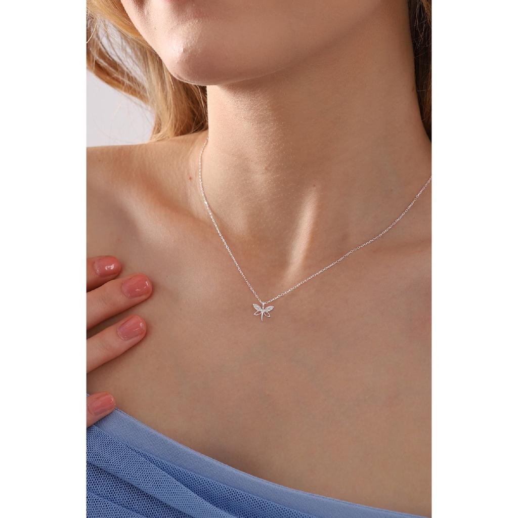 Женское ожерелье из стерлингового серебра 925 пробы с минимальной стрекозой и белым цирконом
