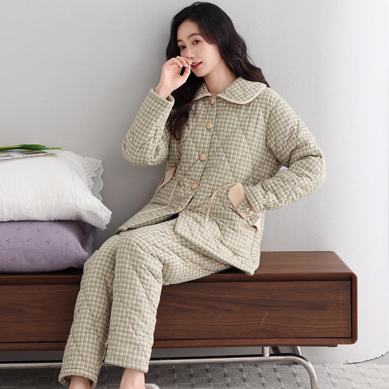 Winter pajamas women's new woven plaid clip padded jacket three-layer warm suit velvet thickened outer wear loungewear